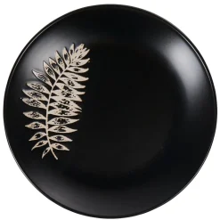 Assiette à dessert ronde noire motif plante blanche embossé