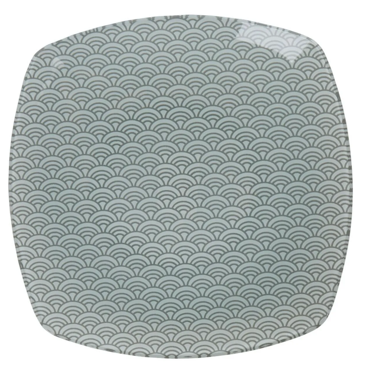 Assiette plate carrée blanche motif vague seigaiha gris