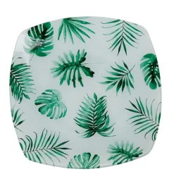 Assiette plate carrée blanche motif feuille tropicale vert