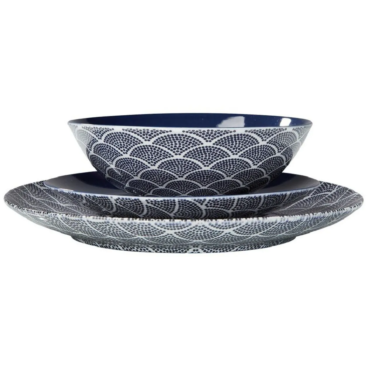 Assiette plate motif vague japonaise bleue et blanche