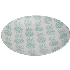 Assiette plate ronde en faïence motif ananas blanc et bleu