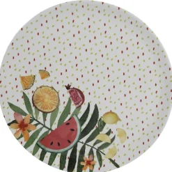Assiette ronde motifs fruits exotiques et feuille de palmier