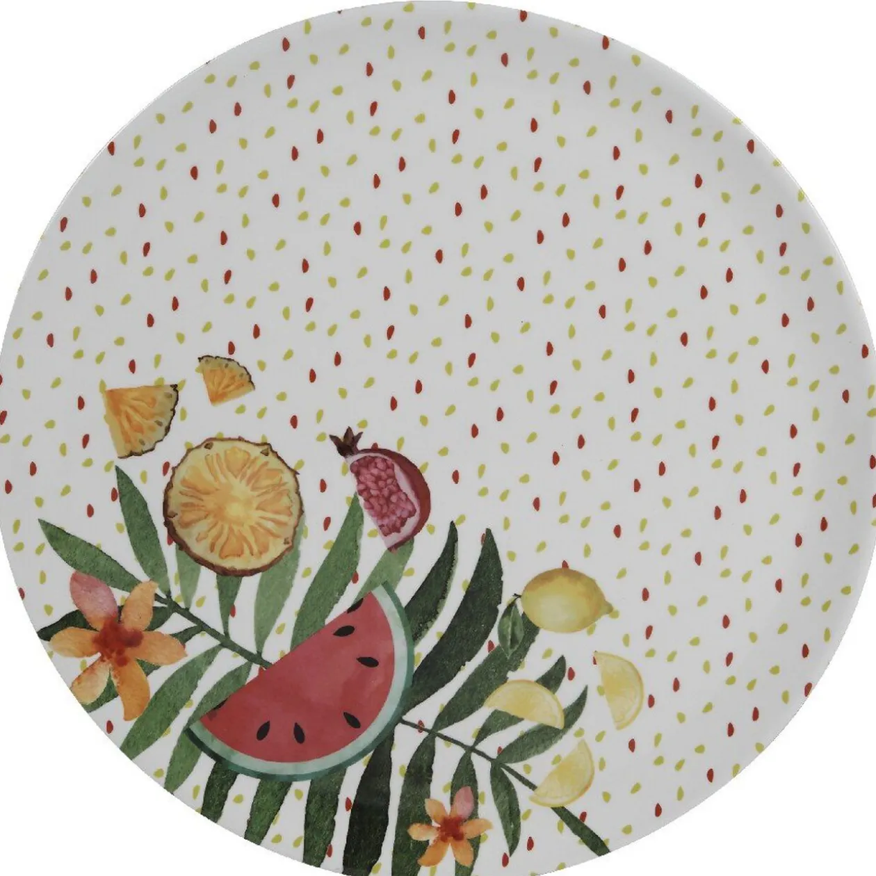 Assiette ronde motifs fruits exotiques et feuille de palmier