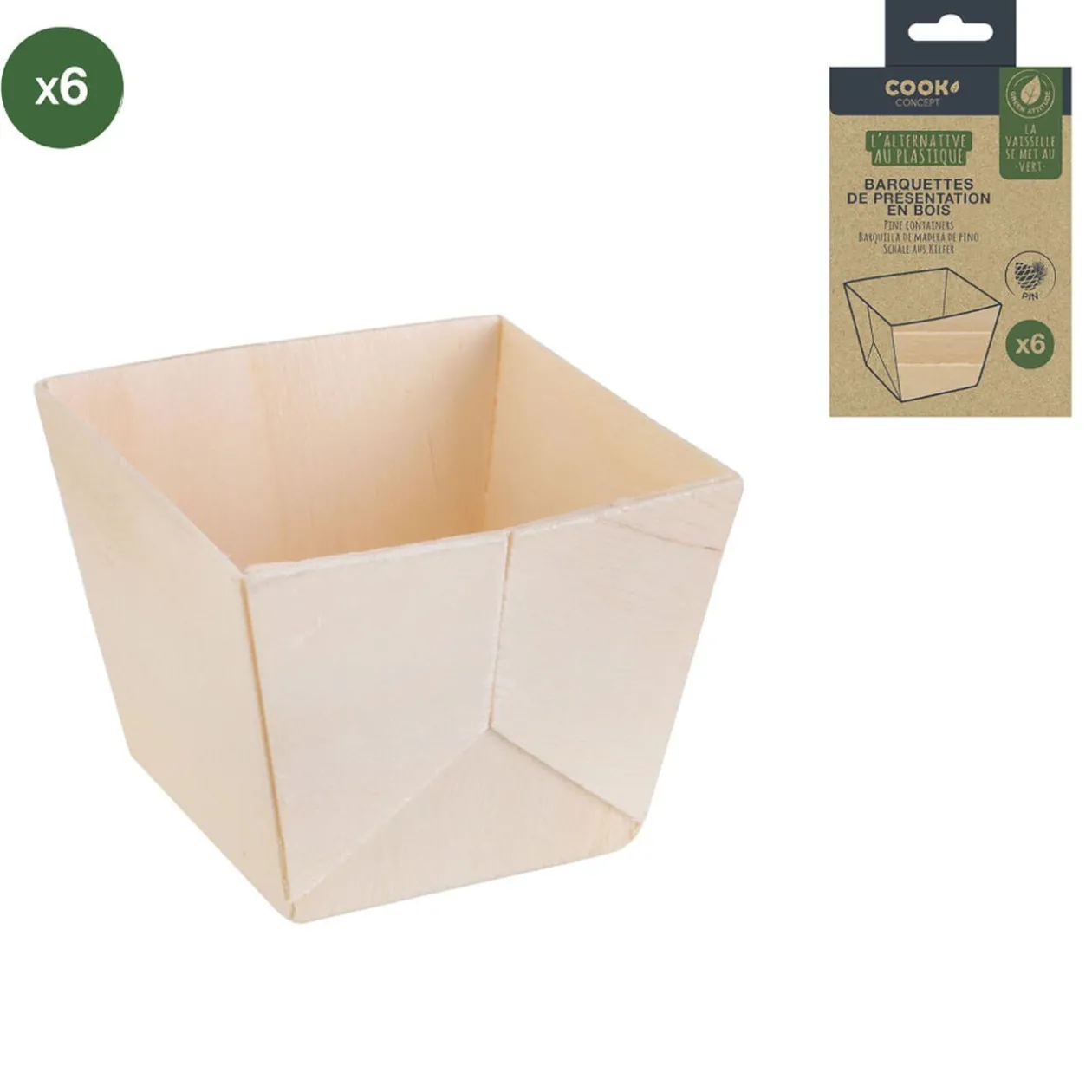 Barquette de présentation carrée snacking en bois x6