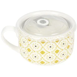 Bol jumbo soupe avec couvercle en porcelaine blanc motif jaune