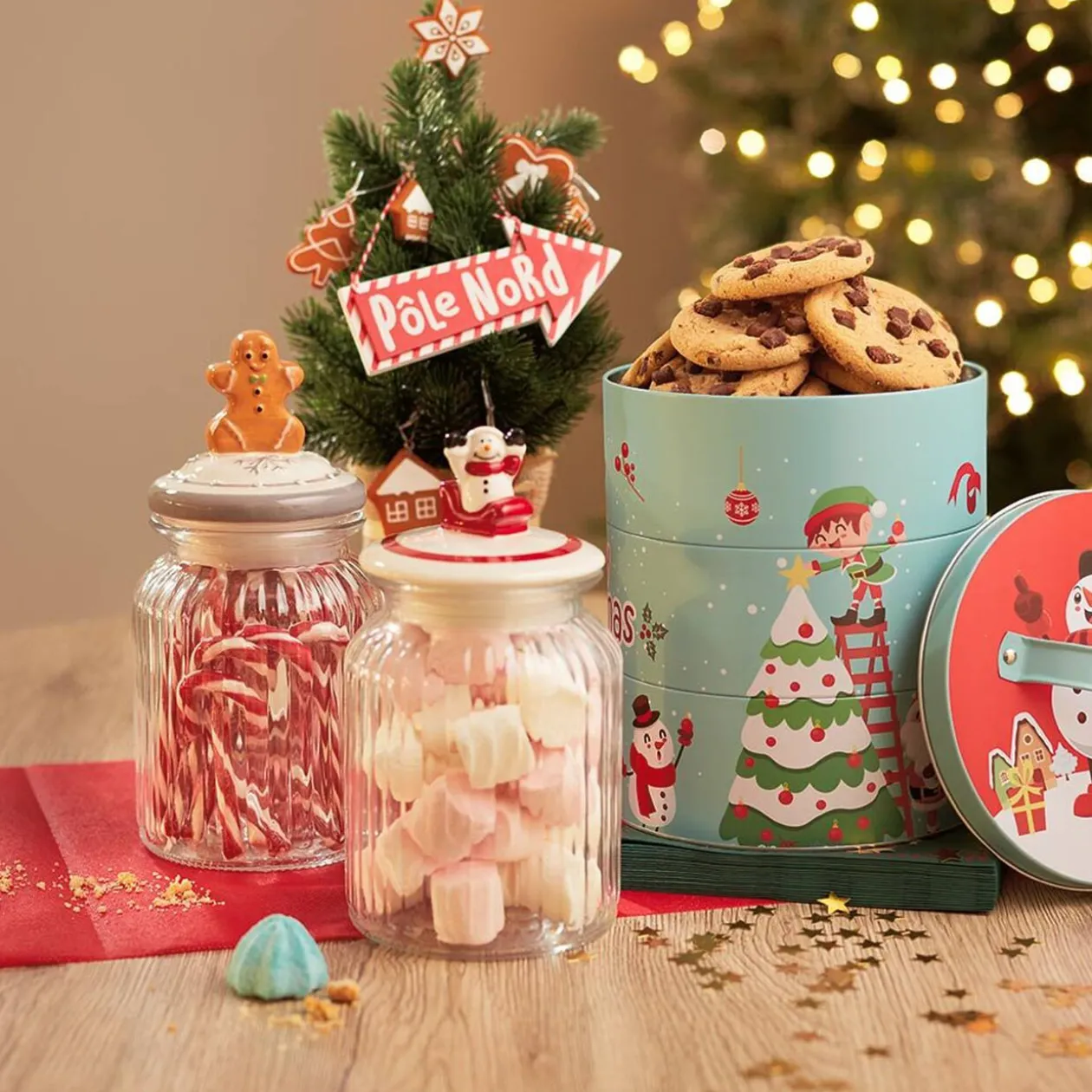 Bonbonnière en verre avec couvercle en céramique déco de Noël
