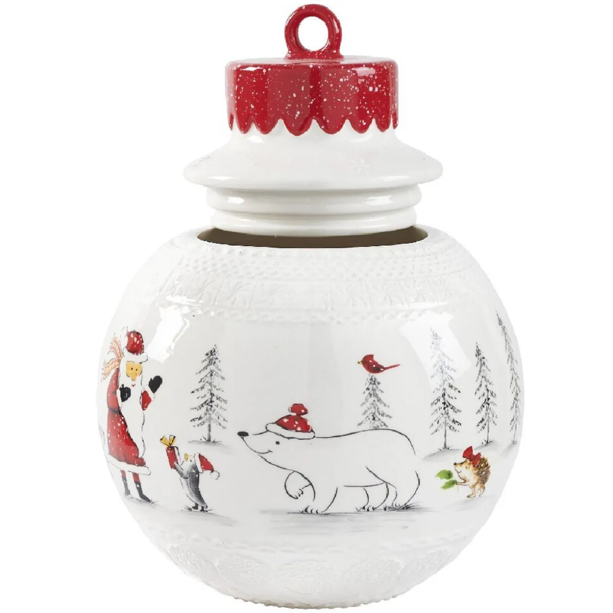 Bonbonnière forme boule de Noël blanche et rouge