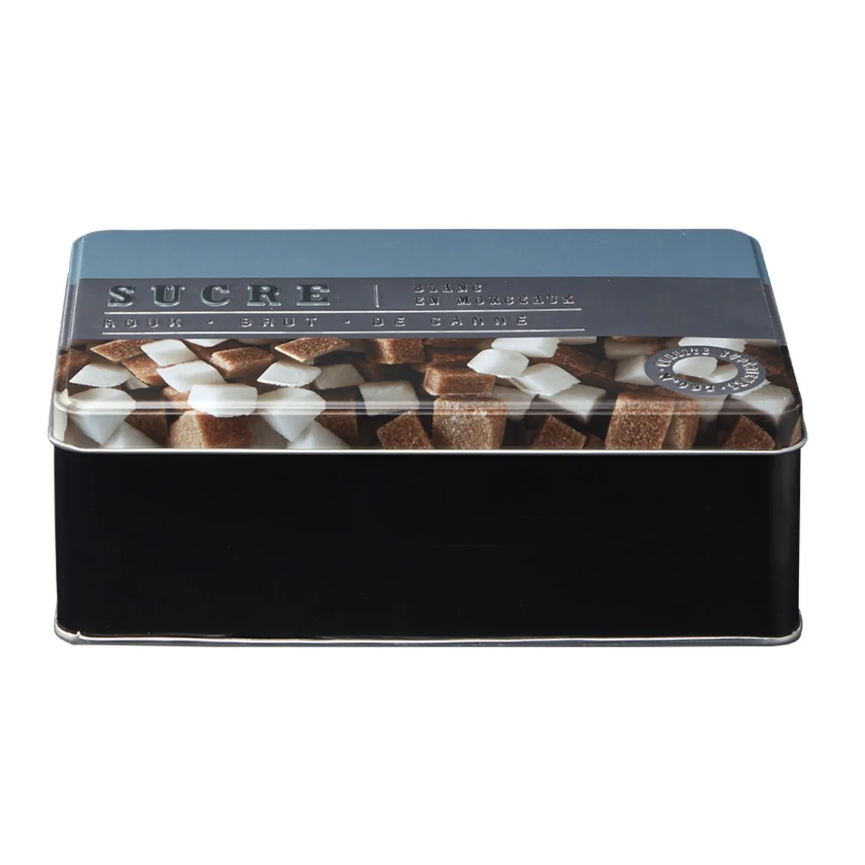Boîte à sucre rectangulaire en métal décorée bleu gris