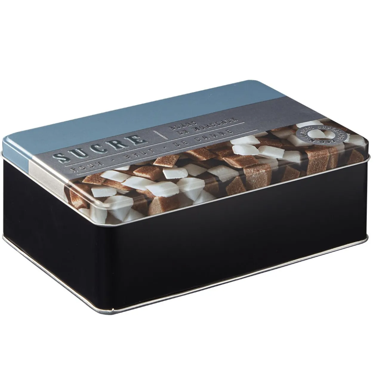 Boîte à sucre rectangulaire en métal décorée bleu gris