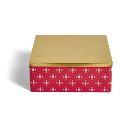 Boîte alimentaire carrée motif Noël métal rouge et dorée 26x26xH10cm