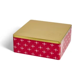Boîte alimentaire carrée motif Noël métal rouge et dorée 26x26xH10cm