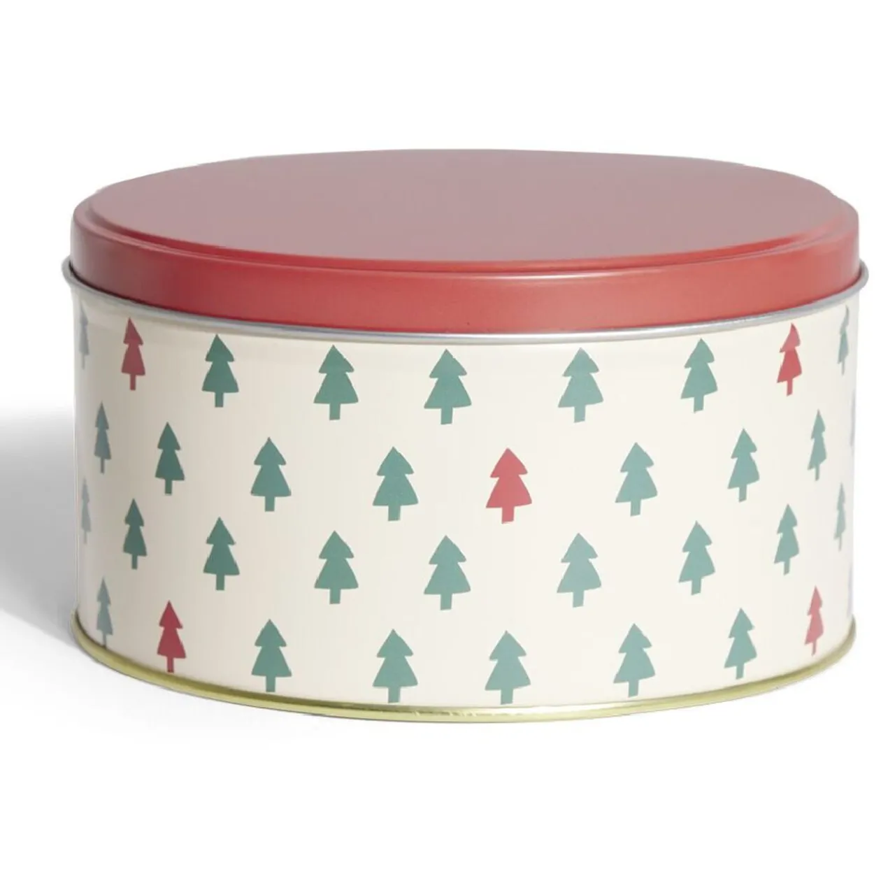 Boîte ronde en métal Ø13,5cm motif sapin vert et rouge