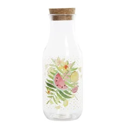 Bouteille transparente motif fruits exotiques bouchon liège