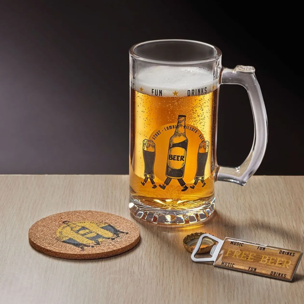 Coffret bière 3 pièces verre décapsuleur et sous-verre - 2 modèles