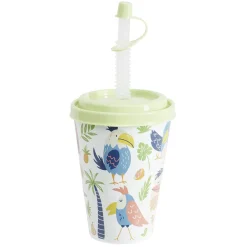 Gobelet avec couvercle paille plastique vert Ø8,7xH20cm