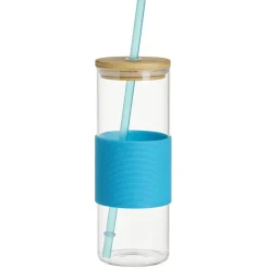 Gobelet en verre et bambou avec silicone bleu Ø6,5xH18cm