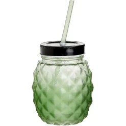 Gobelet en verre forme ananas avec paille et couvercle Ø9,5xH12,5cm
