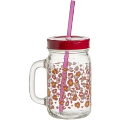 Gobelet en verre imprimé avec poignée paille et couvercle 480ml