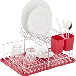 Égouttoir à 2 niveaux avec receveur et supports à couverts rouge