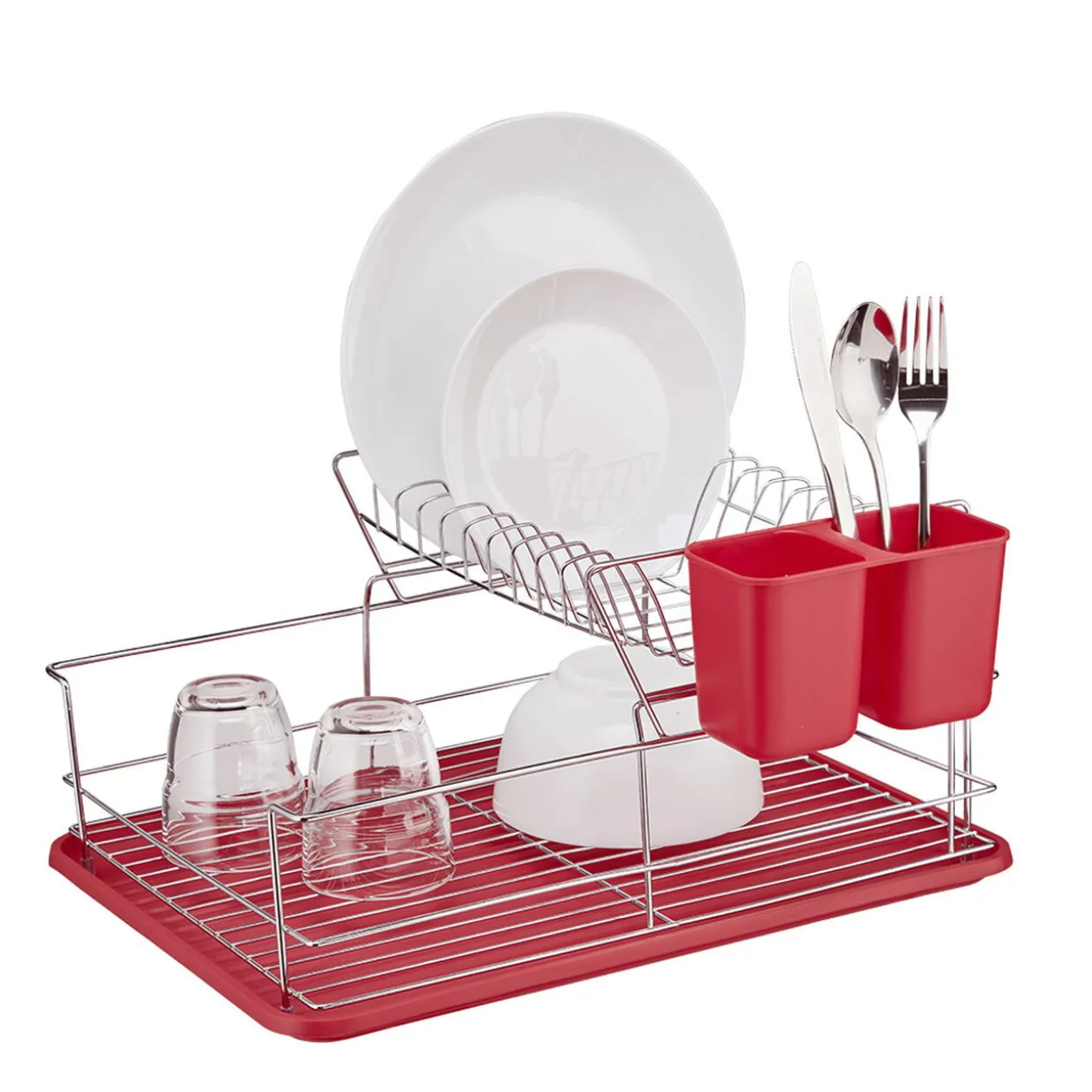 Égouttoir avec plateau et supports couverts rouges 2 niveaux