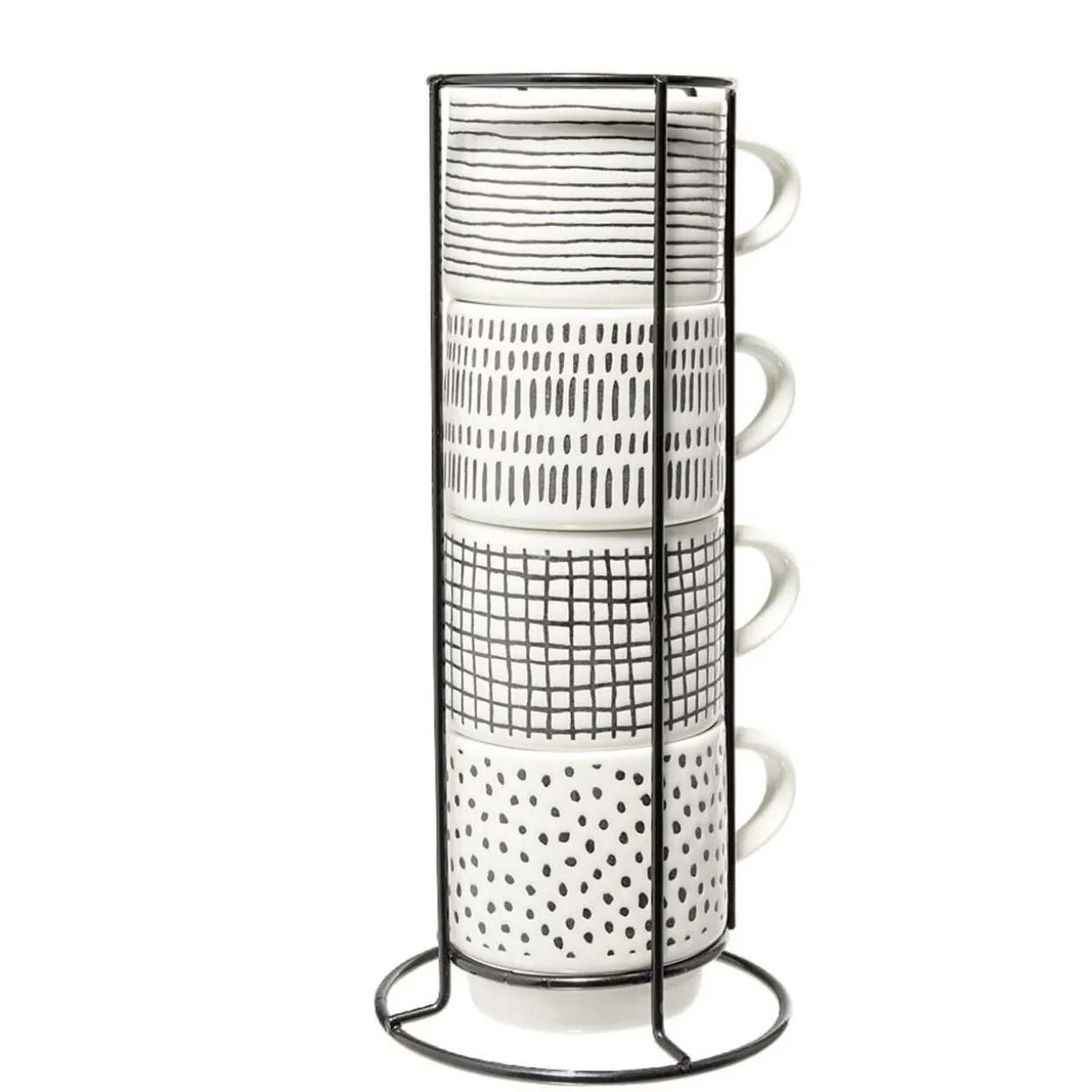 Lot de 4 tasses empilables 20cl porcelaine blanc et noir avec support métal