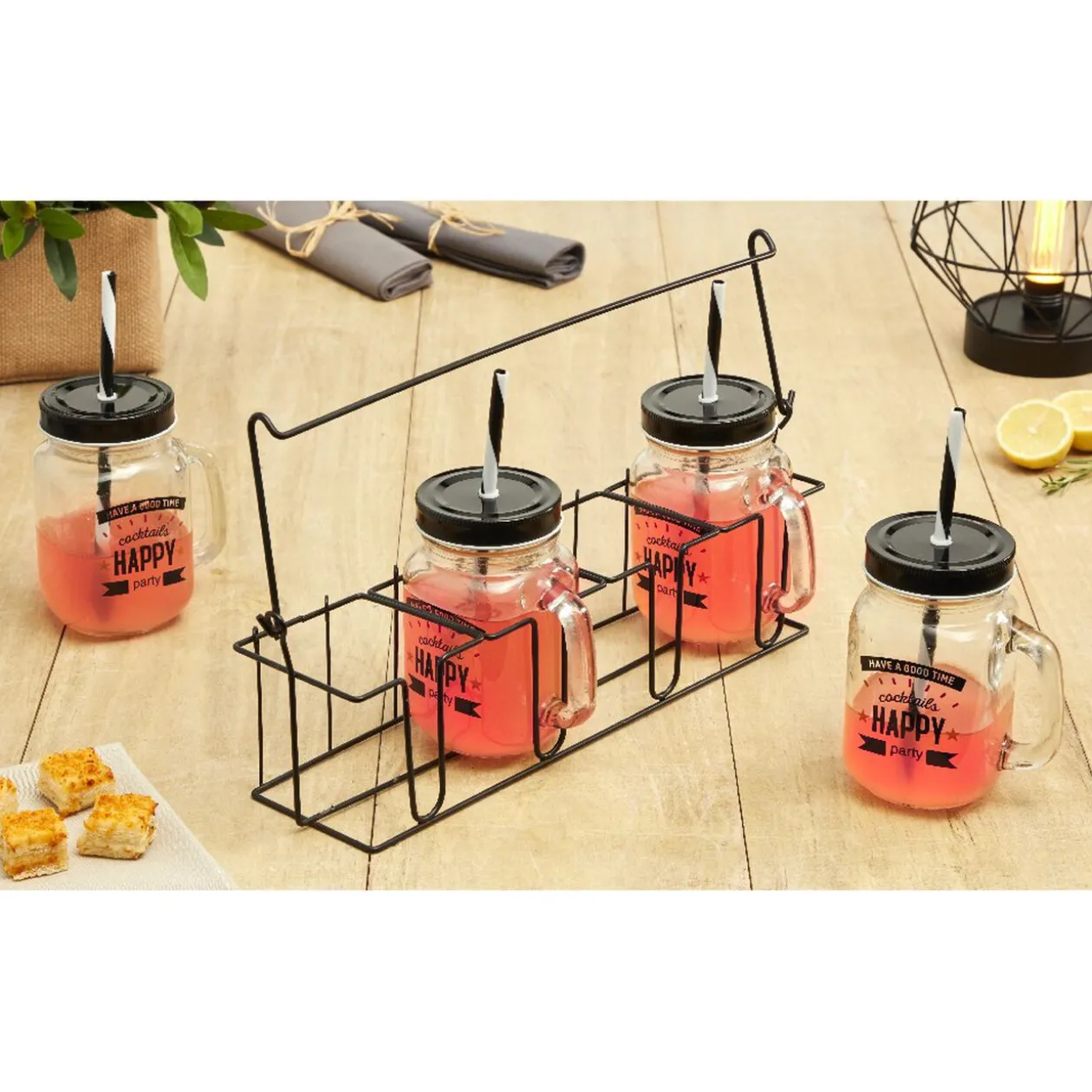Mason jar "Happy" avec paille x4