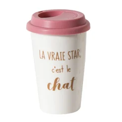 Mug de transport en céramique rose motif tête de chats doré 400 ml