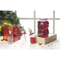 Panier rouge Merry Christmas avec gobelets Noël pailles x4