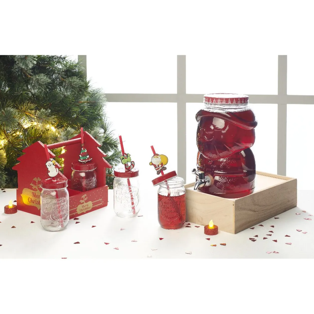 Panier rouge Merry Christmas avec gobelets Noël pailles x4