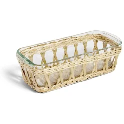Plat à four en verre transparent et déco raphia beige 28x11,5xH8,5cm