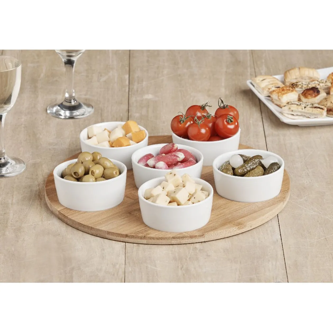 Plateau de service avec 6 coupelles blanches