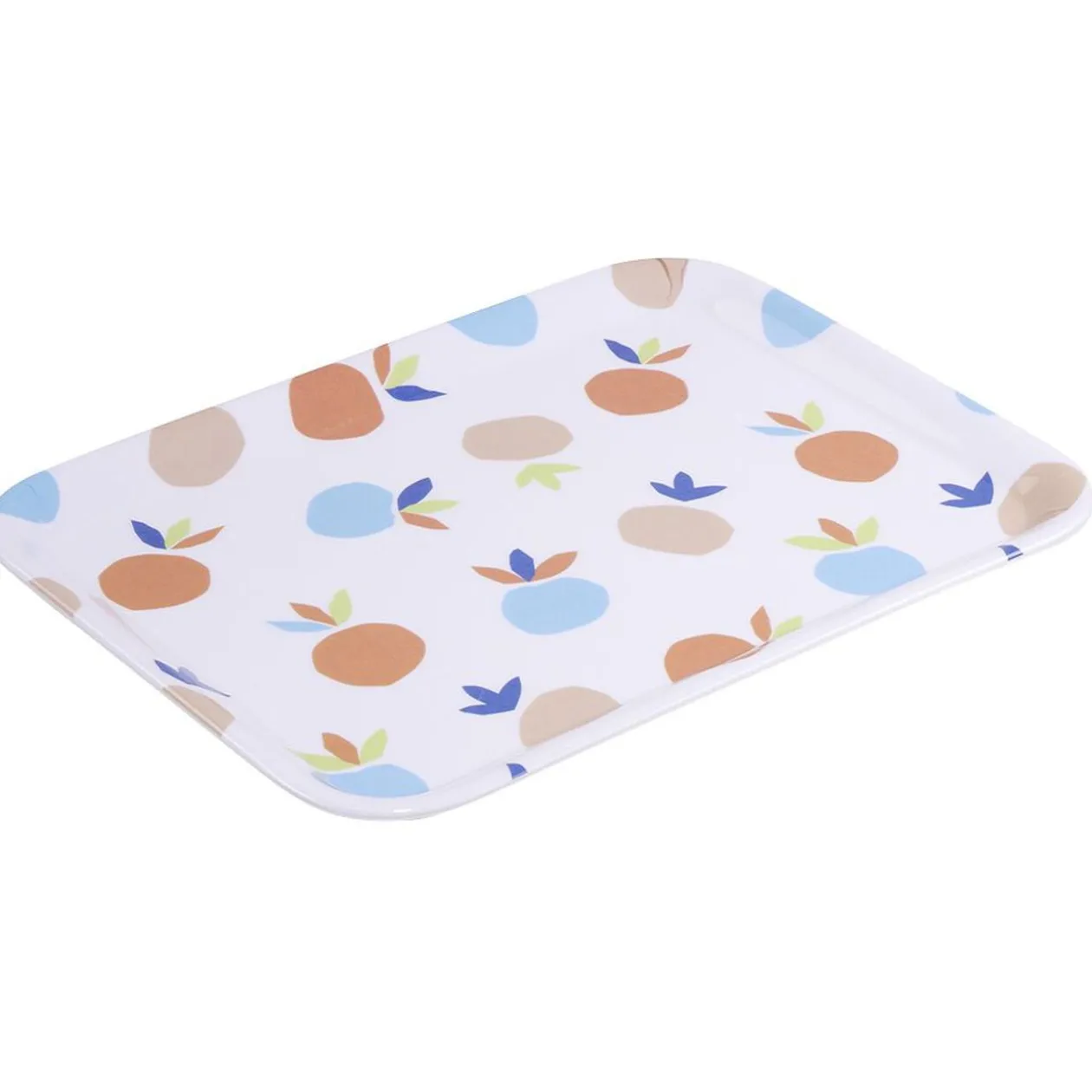 Plateau rectangulaire blanc motif fruit orange bleu plastique 29x22cm