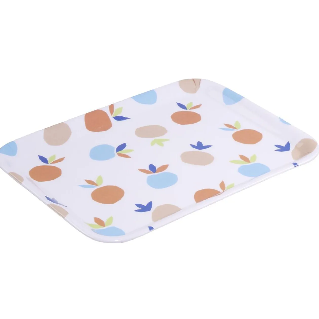 Plateau rectangulaire blanc motif fruit orange bleu plastique 29x22cm
