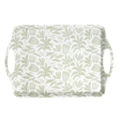 Plateau rectangulaire blanc motif feuillage vert sauge 34x50,5cm