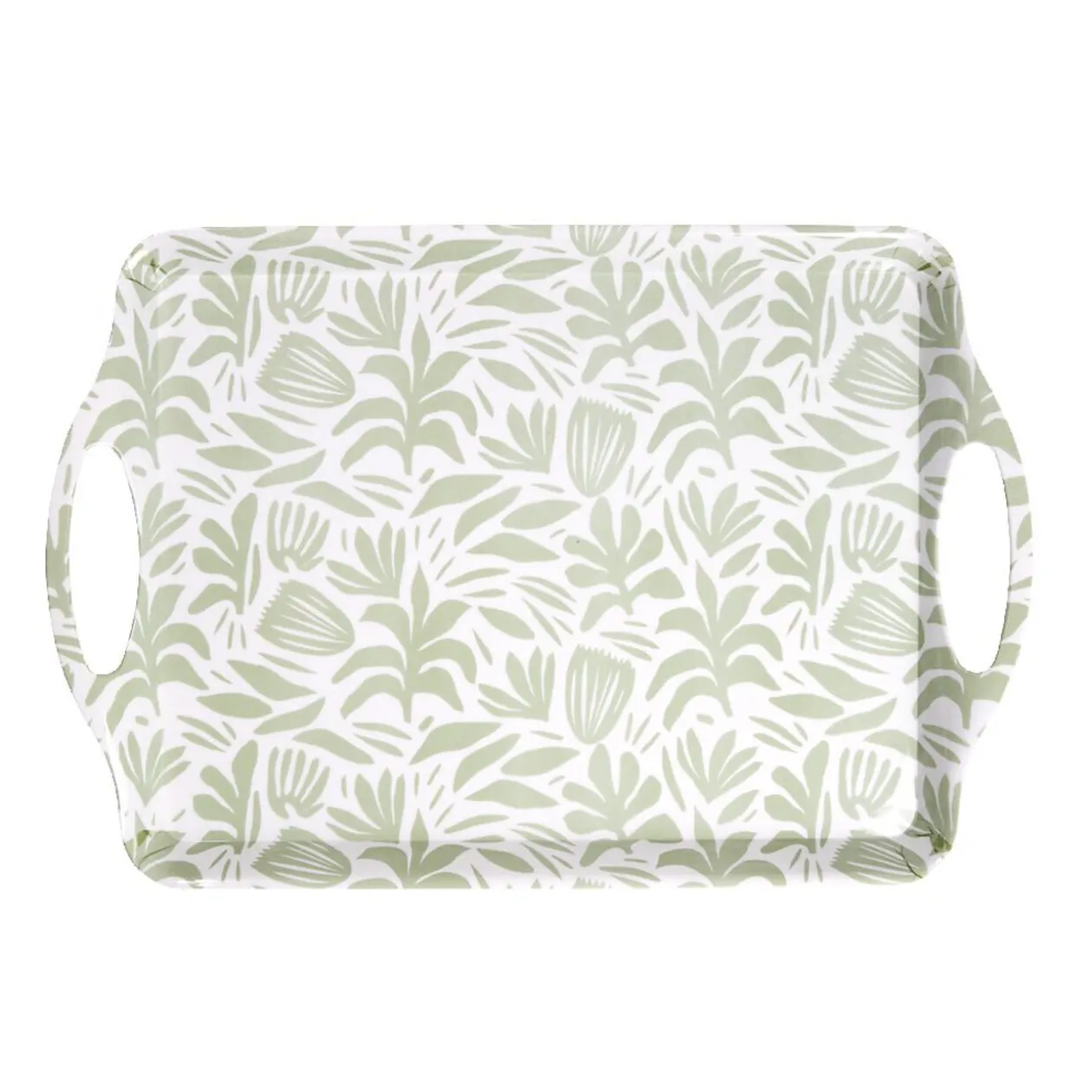 Plateau rectangulaire blanc motif feuillage vert sauge 34x50,5cm