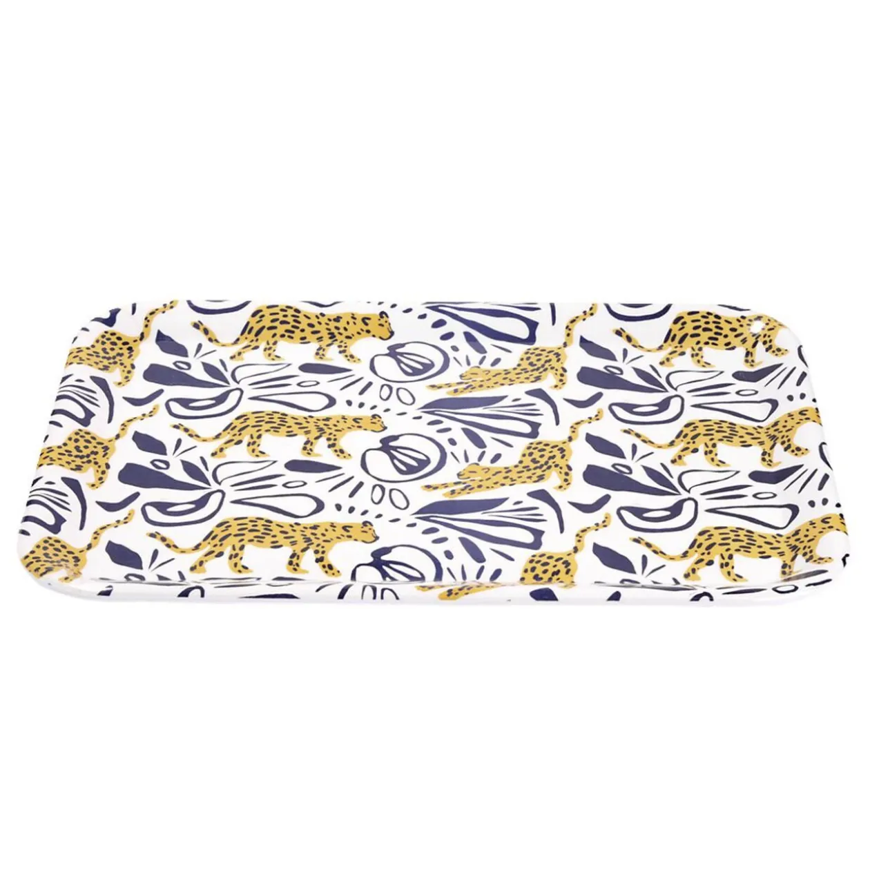Plateau rectangulaire motif léopard blanc et bleu 27x38cm