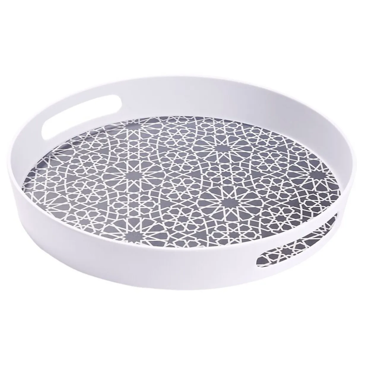 Plateau rond mélaminé motif géométrique blanc et bleu Ø34,5xH5cm