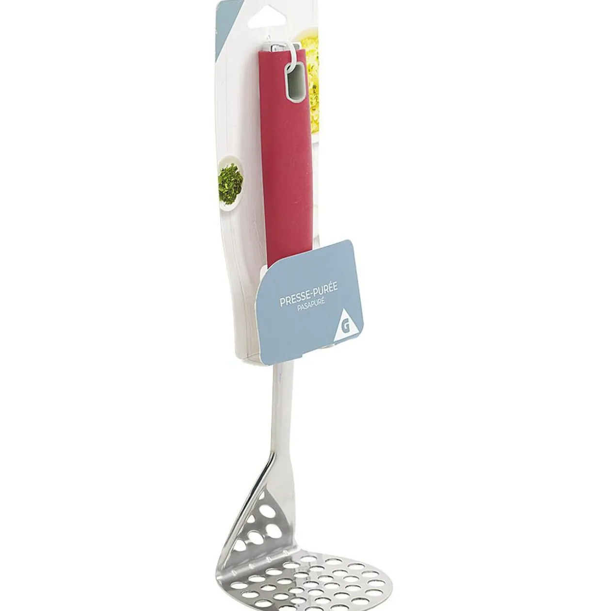Presse purée inox avec manche en polypropylène rouge