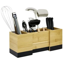 Range ustensile extensible bambou naturel et noir L18/29x10xH12cm