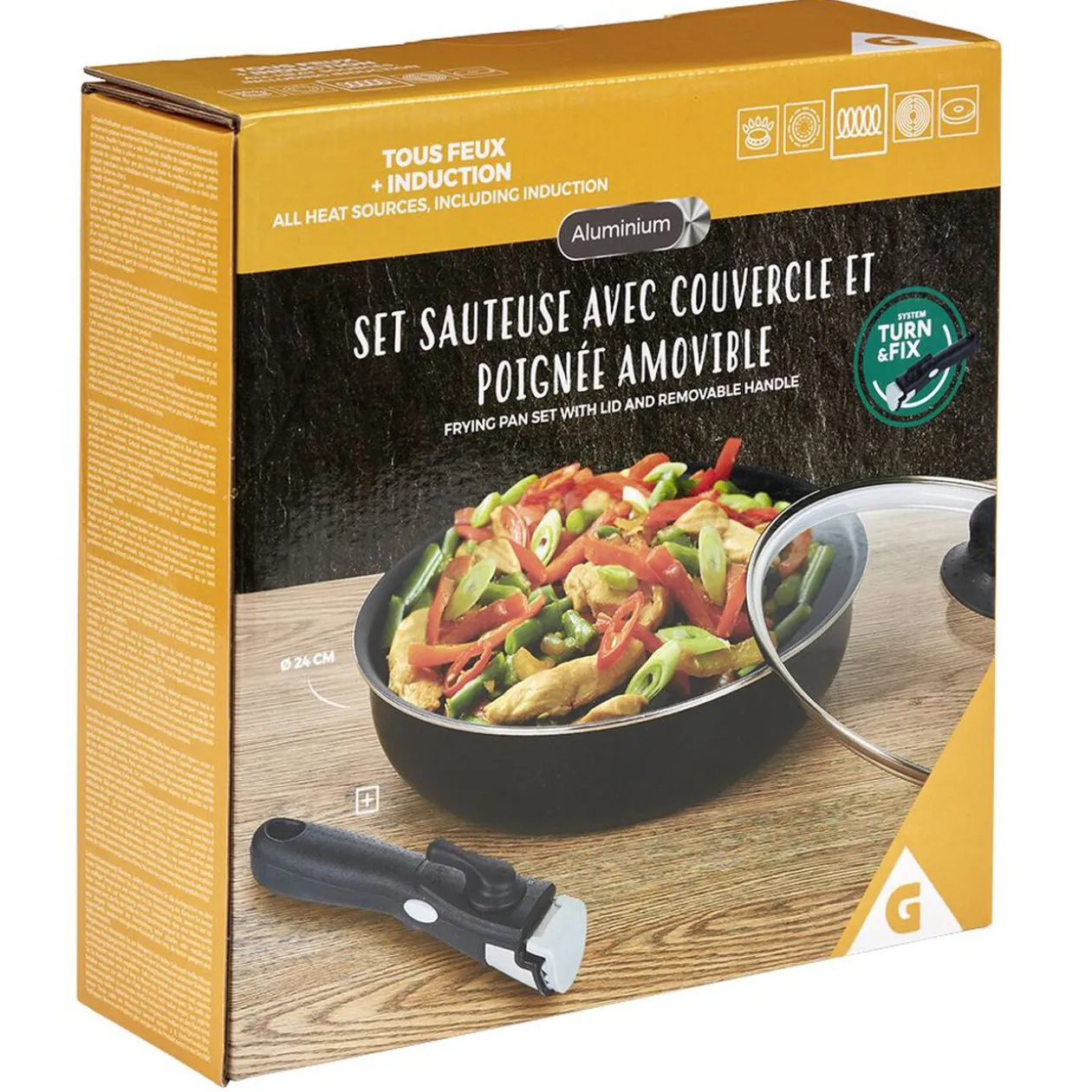 Sauteuse aluminium noir avec couvercle verre et poignée amovible Ø24cm