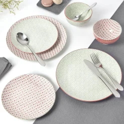 Service en porcelaine 18 pièces motif graphique beige et rouge