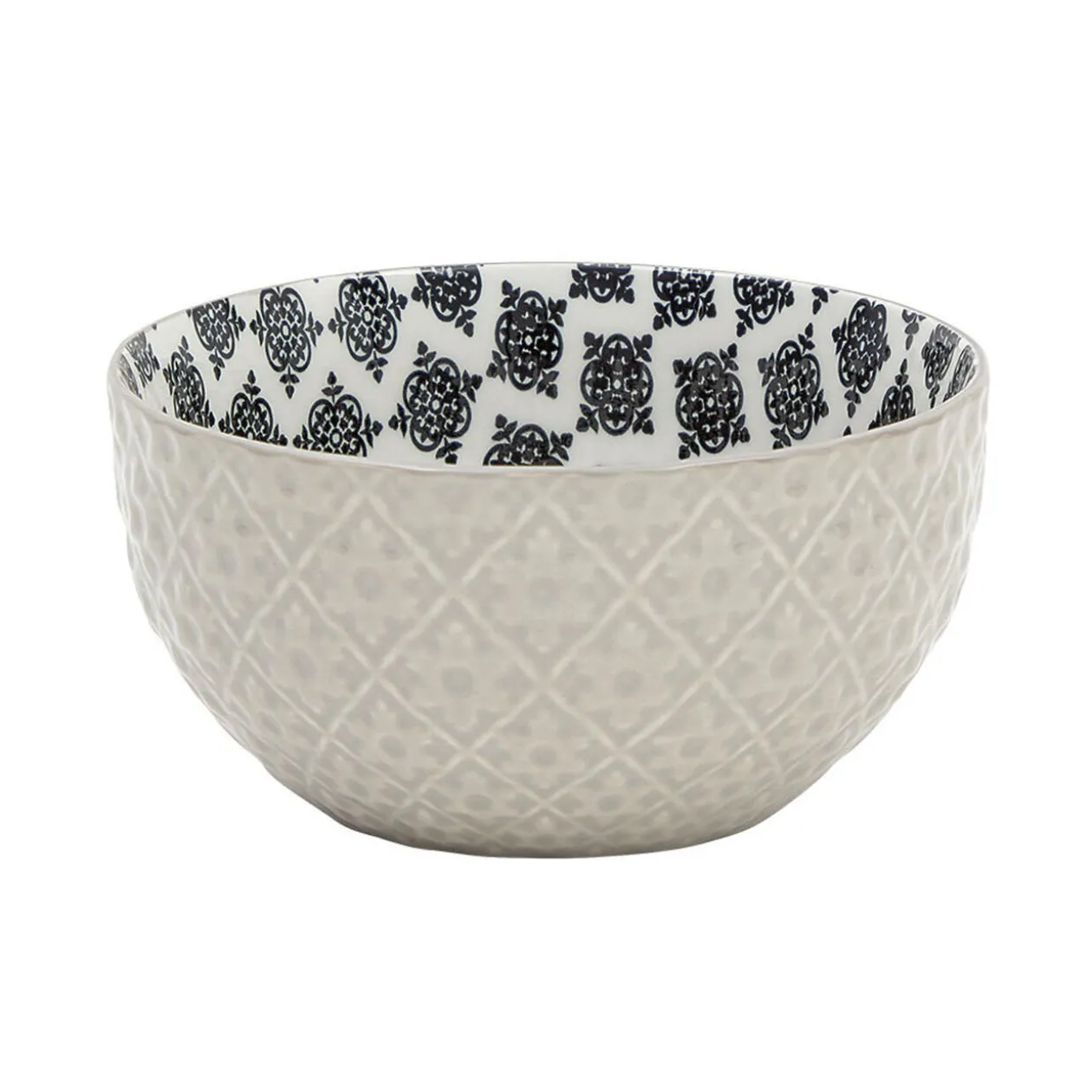 Set 4 bols décor ethnique noir et blanc et support en bambou