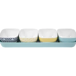 Support à apéritifs avec 4 coupelles déco jaune bleu