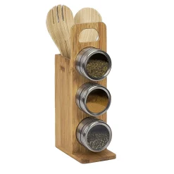 Support à épices 3 boites aimantées et 2 ustensiles en bambou et inox